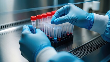A laboratory technician wearing blue gloves is carefully handling test tubes in a sterile environment, showcasing precision and attention to detail, with ample copy space for text overlay