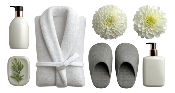 Soft White Bathrobe and Spa Essentials with Flowers on Transparent Background