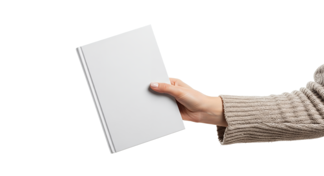 Hand Holding Blank White Book Mockup with Empty Cover and Spine on Pure White Background - Customizable Template for Design, Publishing, and Presentation Copy Space - Powered by Adobe