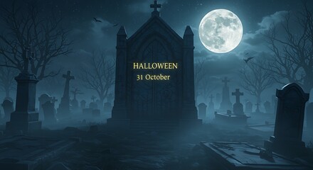 Halloween graveyard night with full moon