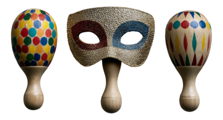 Colorful Maracas and Decorative Mask on Isolated Transparent Background