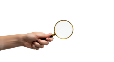 Hand Holding Classic Magnifying Glass with Golden Frame on Clean White Background, Representing Search, Investigation, Focus, Discovery, and Problem Solving Concepts