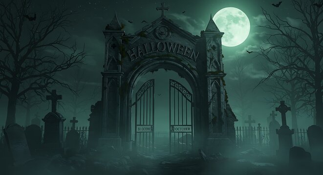 Halloween graveyard gate under full moon