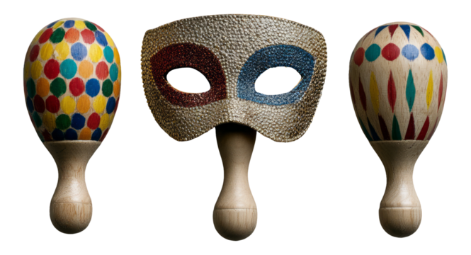 Colorful Maracas and Decorative Mask on Isolated Transparent Background - Powered by Adobe