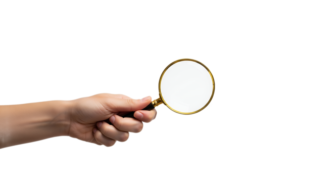 Hand Holding Classic Magnifying Glass with Golden Frame on Clean White Background, Representing Search, Investigation, Focus, Discovery, and Problem Solving Concepts