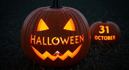 Halloween pumpkins glowing on dark grass