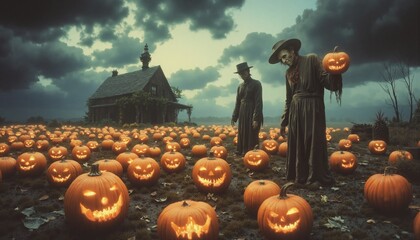 Halloween magic theme landscape with creepy figures
