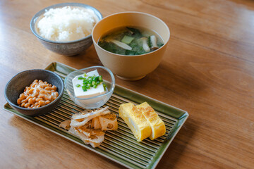 Traditional Japanese breakfast with miso soup and natto
