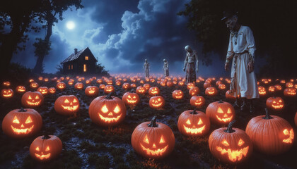 Halloween magic theme landscape with creepy figures