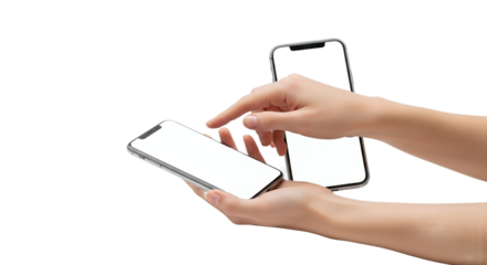 Hand holding two smartphones with blank white screens