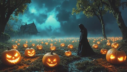 Halloween magic theme landscape with creepy figures