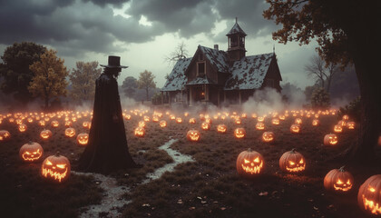 Halloween magic theme landscape with creepy figures