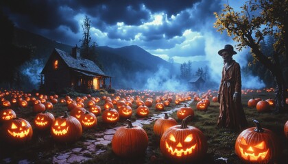 Halloween magic theme landscape with creepy figures