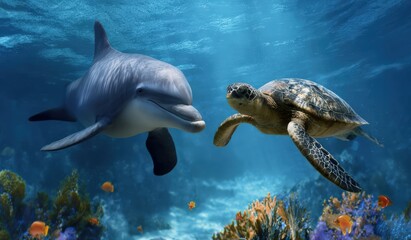 Dolphin and sea turtle swimming together in a vibrant coral reef, symbolizing friendship, cooperation, and marine biodiversity
