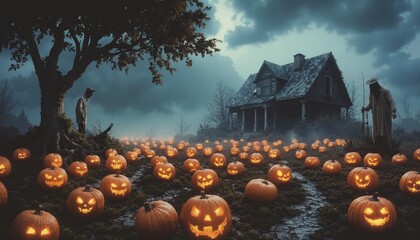 Halloween magic theme landscape with creepy figures