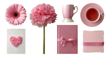 Pink Floral Arrangement with Mug and Gift Items on Isolated Transparent Background