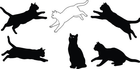 Silhouette cats in various jumping and sitting poses, isolated vector animal illustration, black and white feline motion graphic design elements