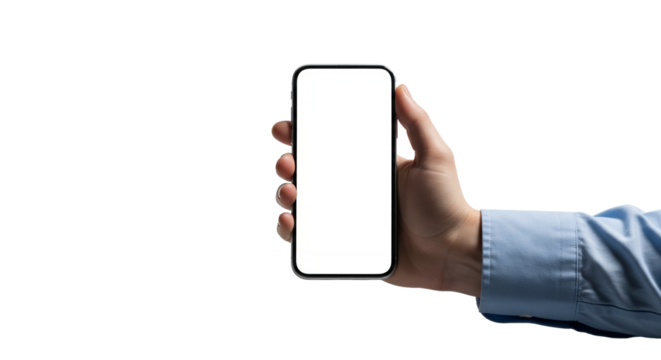 Hand Holding Modern Smartphone with Blank White Screen Against Clean Minimalist White Background, Ideal Digital Technology Mockup Template with Ample Copy Space for App or Content Display