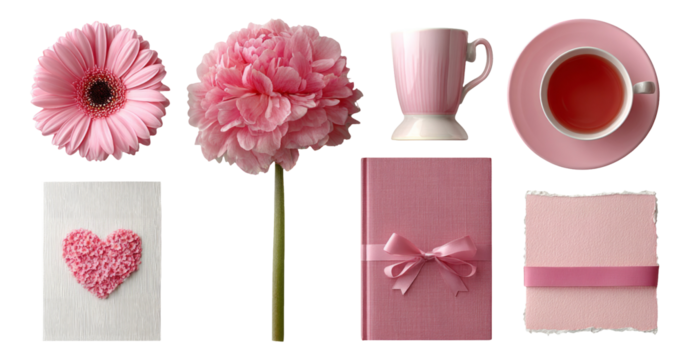 Pink Floral Arrangement with Mug and Gift Items on Isolated Transparent Background