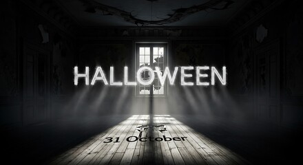 Halloween text glows in a spooky abandoned room.