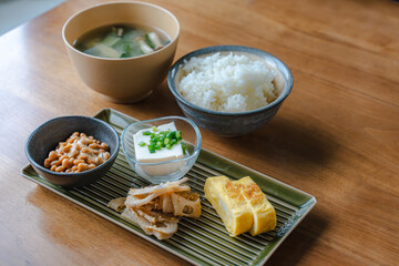Traditional Japanese breakfast with miso soup and natto
