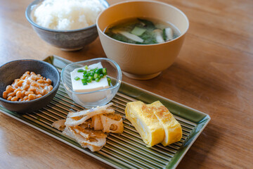 Traditional Japanese breakfast with miso soup and natto
