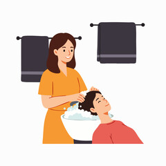 A woman enjoys a relaxing hair wash at a salon, with another woman gently lathering her hair in a sink with towels.