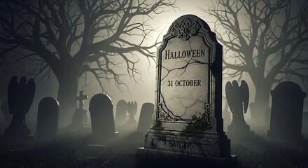 Halloween tombstone in a foggy, eerie graveyard.