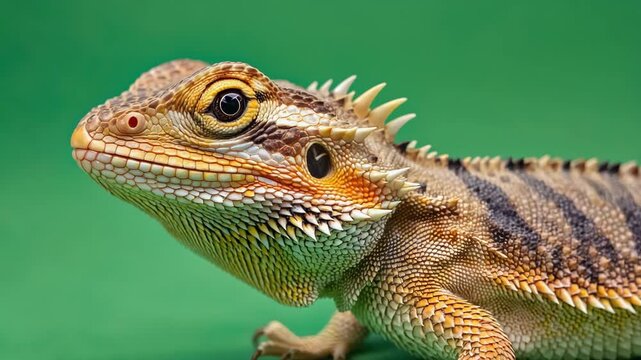 Bearded dragon resting still on a green background, highlighting its textured scales, calm posture, and the unique features of reptilian wildlife in a conceptual nature setting