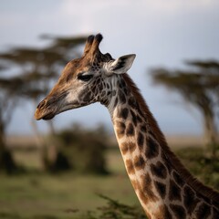 Obraz premium Giraffe standing tall, head and long neck showing distinct pattern against a blurry natural African savanna background