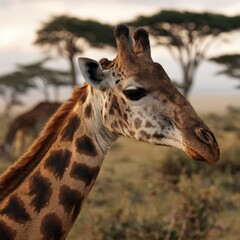 Obraz premium Giraffe standing in the golden light of the African savanna, showing its distinctive spotted pattern and long neck