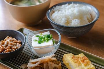 Traditional Japanese breakfast with miso soup and natto
