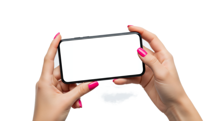 Hands with Vibrant Pink Nails Holding Modern Smartphone Horizontally with Blank White Screen for App UIUX Design Mockup, Website Display, or Digital Content Presentation on Clean Background