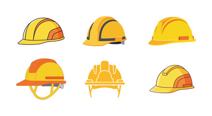 Six yellow construction helmets of different styles and designs.
