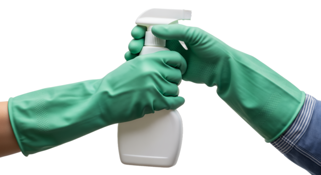 Hands in Green Gloves Holding White Spray Bottle with Cleaning Liquid