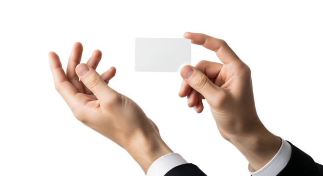Hands presenting a blank translucent white card with ample copy space against a clean white background. This versatile empty template is ideal for showcasing business identity, credit, membership - Powered by Adobe