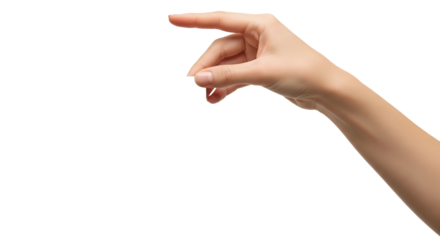 Human hand gently holding a blank white vertical card or empty paper sheet, isolated on a pure white background, offering ample copy space for custom text, logo, or design. Perfect for displaying