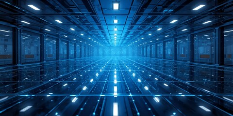 Obraz premium Futuristic digital data tunnel with glowing blue lights and grid patterns, perfect for tech concepts
