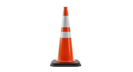 Isolated Bright Orange Traffic Safety Cone with Reflective White Stripes on a Clean White Background for Road Work, Construction, Hazard Warning, and Demarcation Purposes