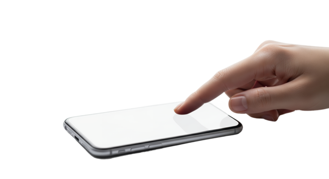 Human Hand Tapping on Blank White Smartphone Screen with Copy Space, Perfect for Mobile App Mockup and Digital Technology Concepts on a Clean Minimalist Background