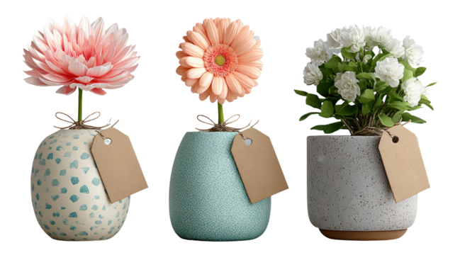 Beautifully Designed Flower Pots with Colorful Blossoms on Isolated Background