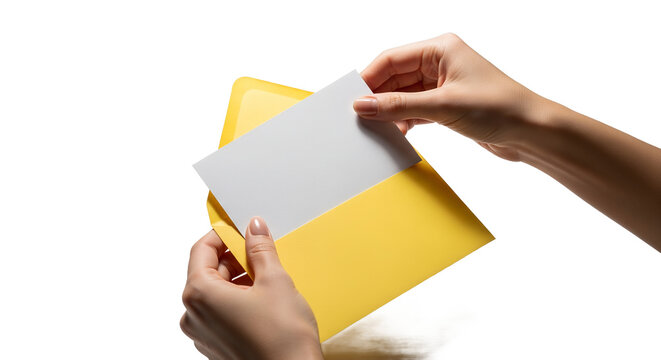Inserting a blank card into a bright yellow envelope