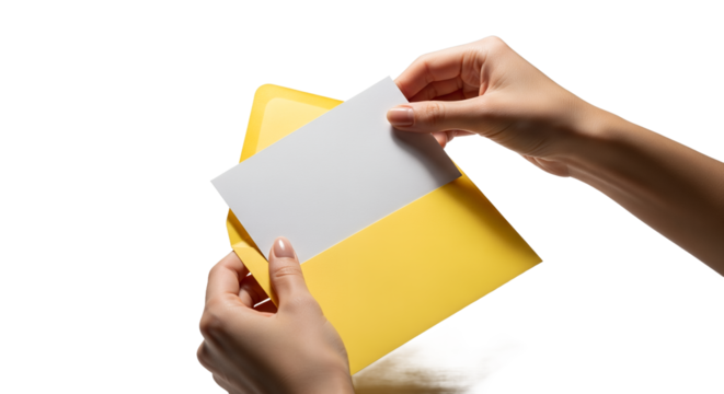 Inserting a blank card into a bright yellow envelope