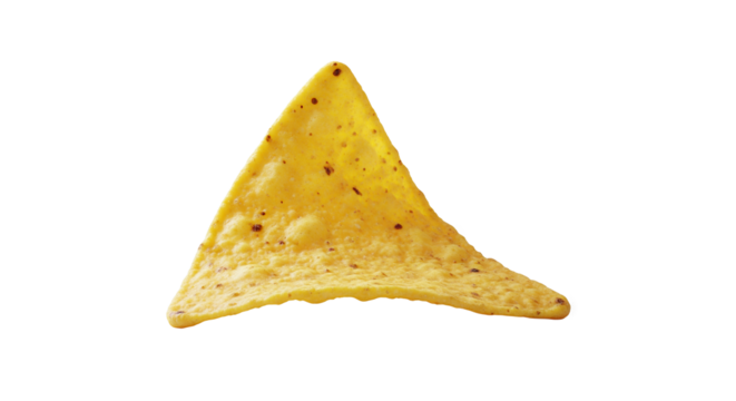 Isolated Golden Triangular Tortilla Chip with Savory Texture and Dark Seasoning Specks on a Clean White Background, Ideal for Food Photography, Snack Advertising, and Culinary Themes