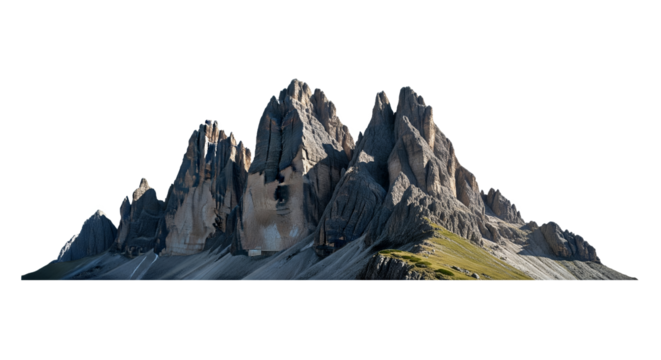 Isolated Majestic Rugged Mountain Peaks with Green Slopes on White Background, Dramatic Alpine Landscape Cutout for Design and Compositing, Nature and Adventure Concept Backdrop Element