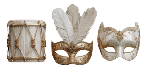 Ornate Drum and Elegant Masks with Feathers on Transparent Background