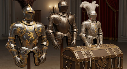 Armored knights displayed next to a treasure chest in a historic setting  
