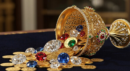 Exquisite golden chalice filled with shiny gold coins and gemstones  