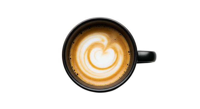 Latte art heart shape in black mug on white background