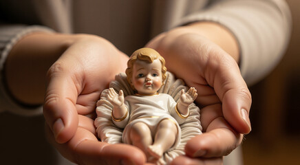 Infant Jesus figurine gently held by women's hands in a cozy setting  